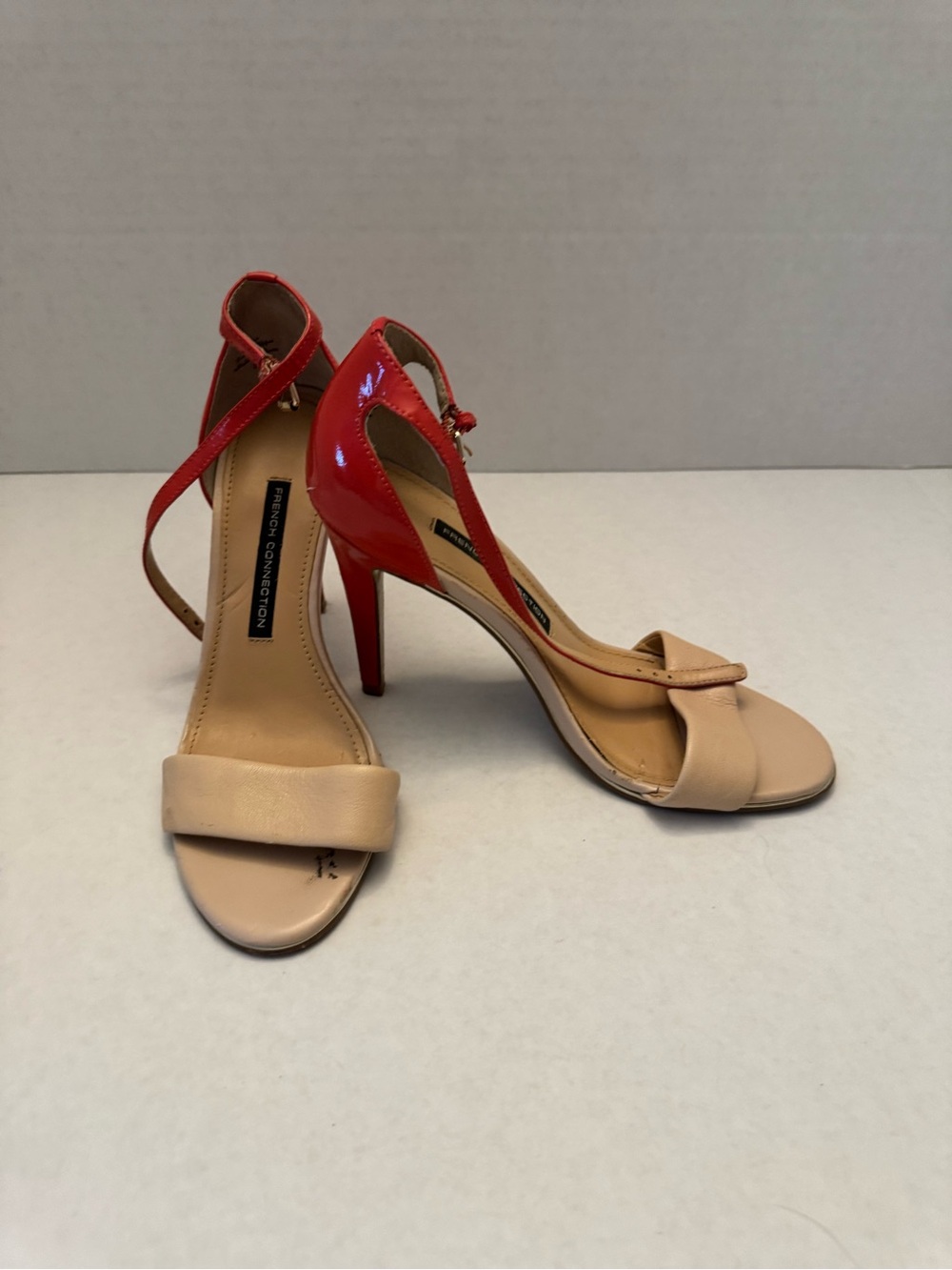 French Connection Two-Tone Beige and Red Ankle-Strap Heels